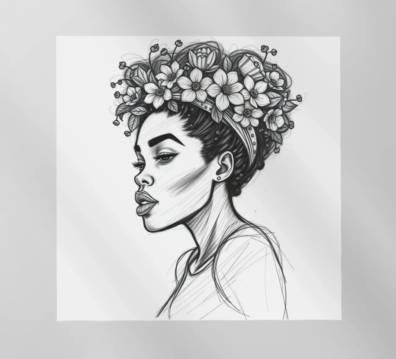 Donna di profilo con corona di fiori Schizzo in bianco e nero pellicola backlit da DesignDoodle