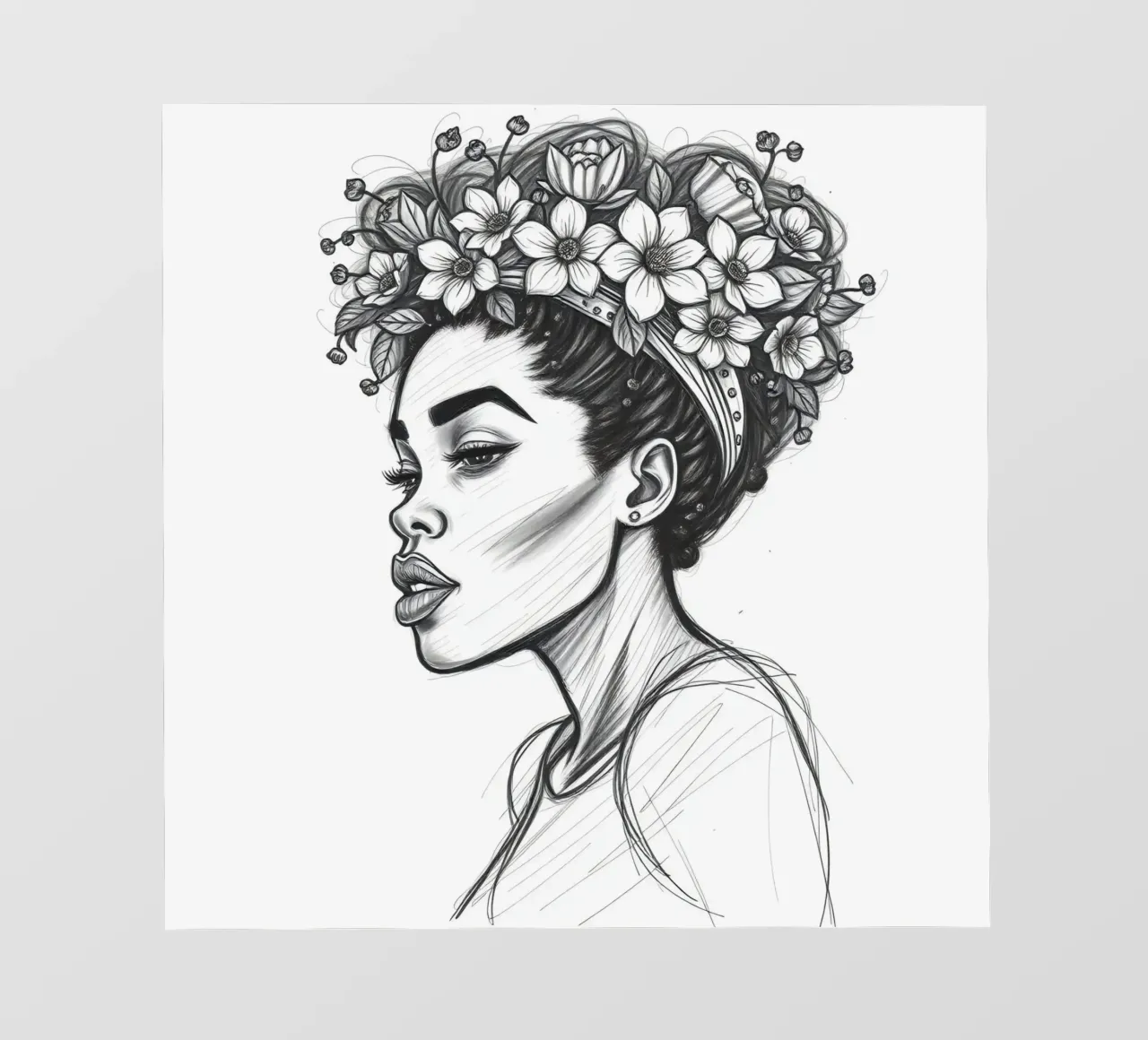 Donna di profilo con corona di fiori Schizzo in bianco e nero pellicola backlit da DesignDoodle