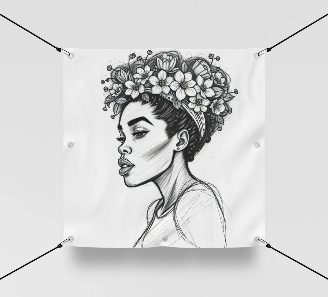 Donna di profilo con corona di fiori Schizzo in bianco e nero telo in pvc da DesignDoodle