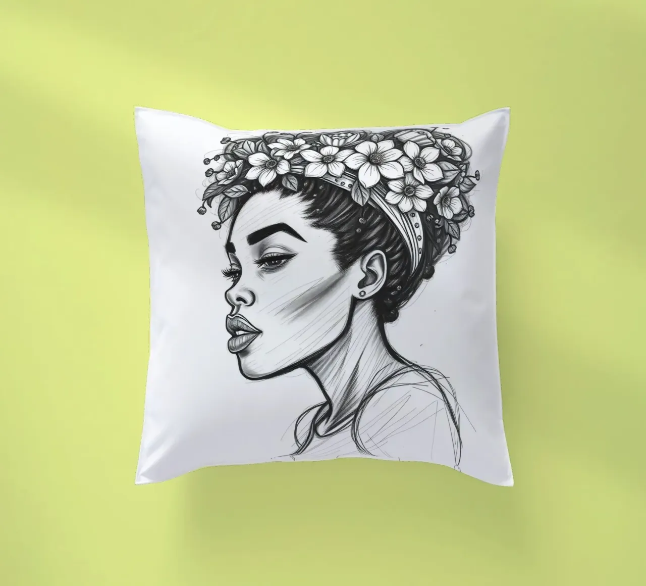 Donna di profilo con corona di fiori Schizzo in bianco e nero cuscino da DesignDoodle