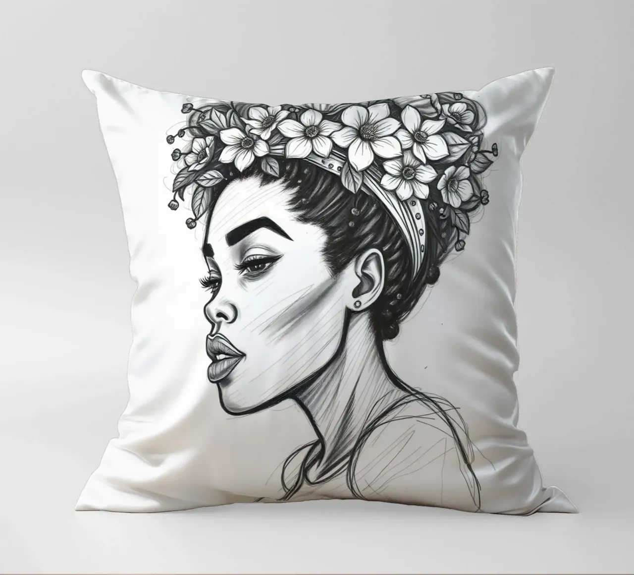 Donna di profilo con corona di fiori Schizzo in bianco e nero cuscino da DesignDoodle
