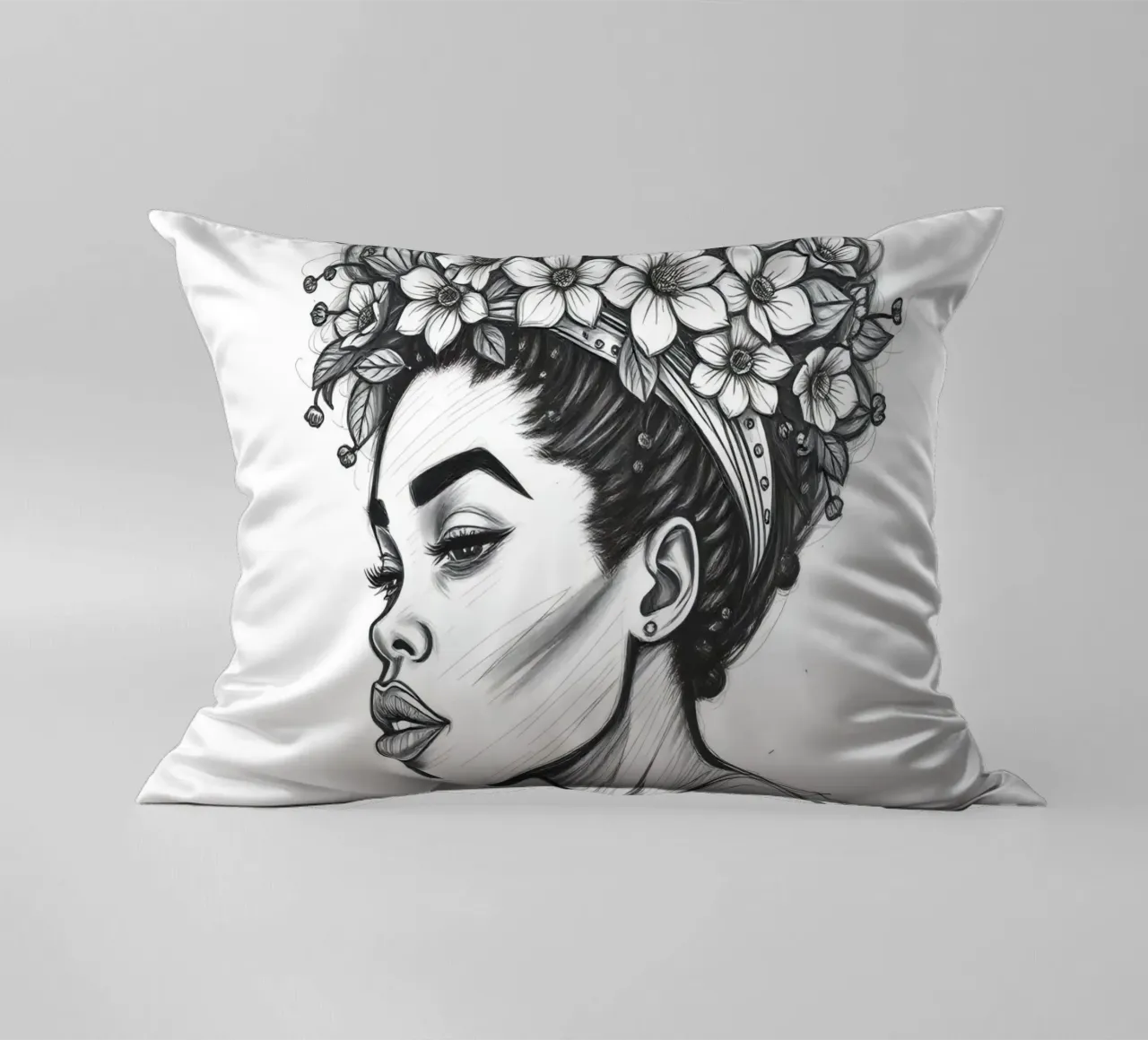 Donna di profilo con corona di fiori Schizzo in bianco e nero cuscino da DesignDoodle