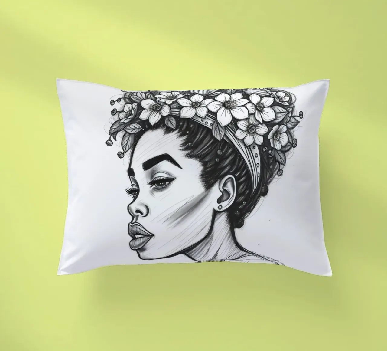 Donna di profilo con corona di fiori Schizzo in bianco e nero cuscino da DesignDoodle