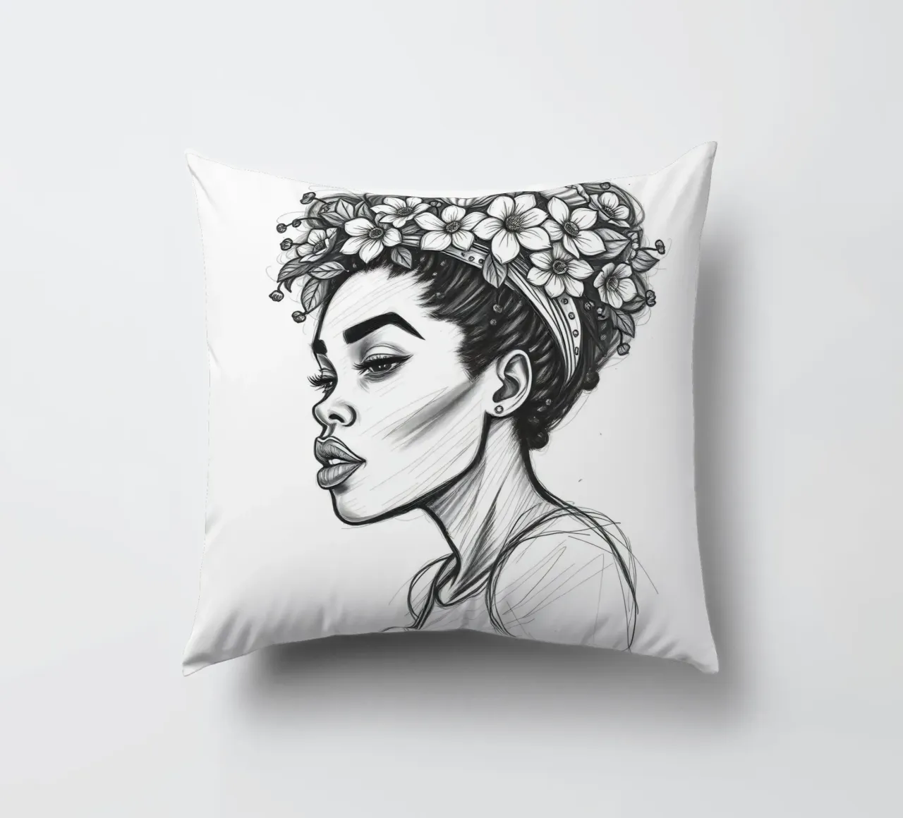 Donna di profilo con corona di fiori Schizzo in bianco e nero cuscino da DesignDoodle
