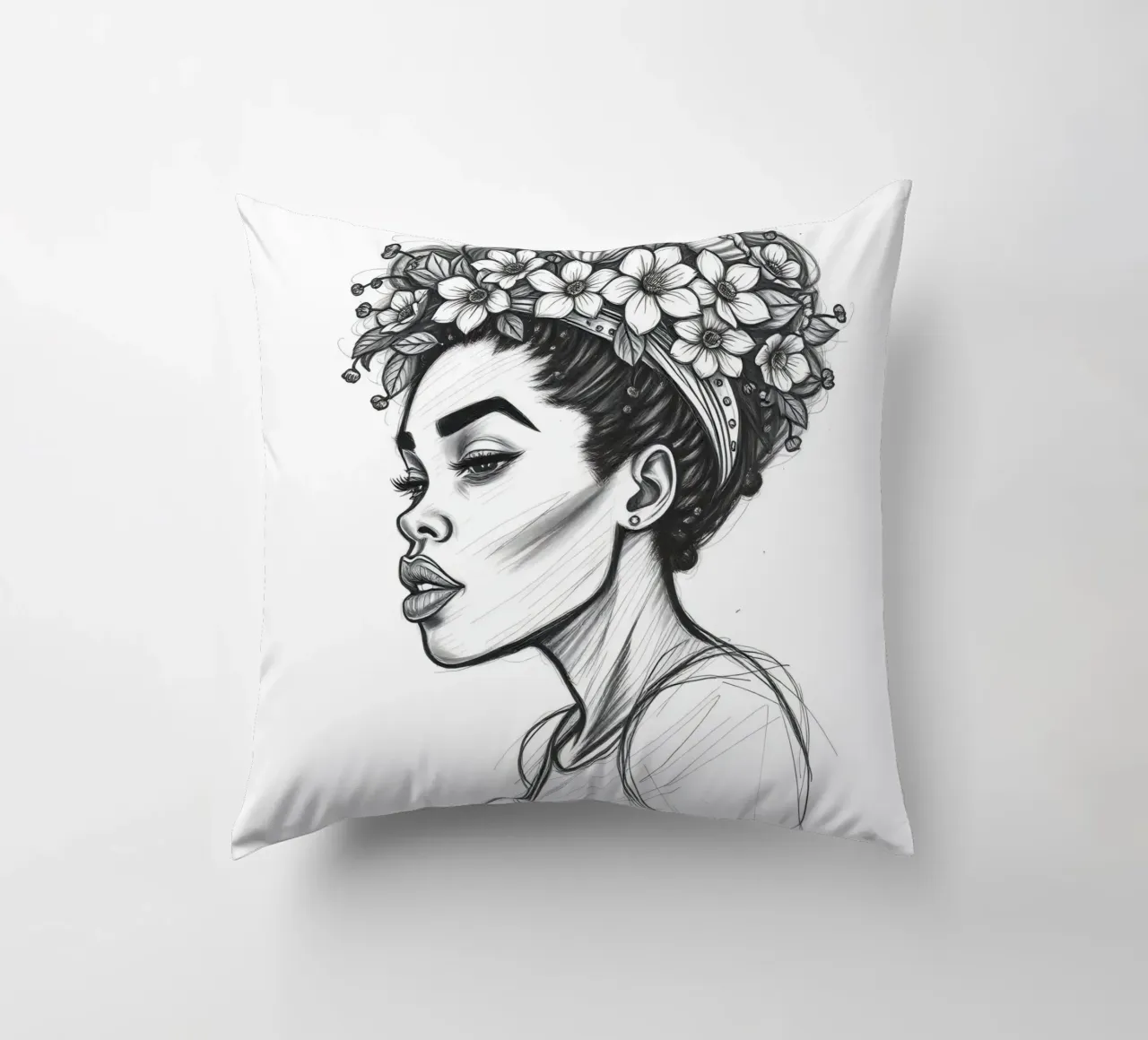 Donna di profilo con corona di fiori Schizzo in bianco e nero cuscino da DesignDoodle