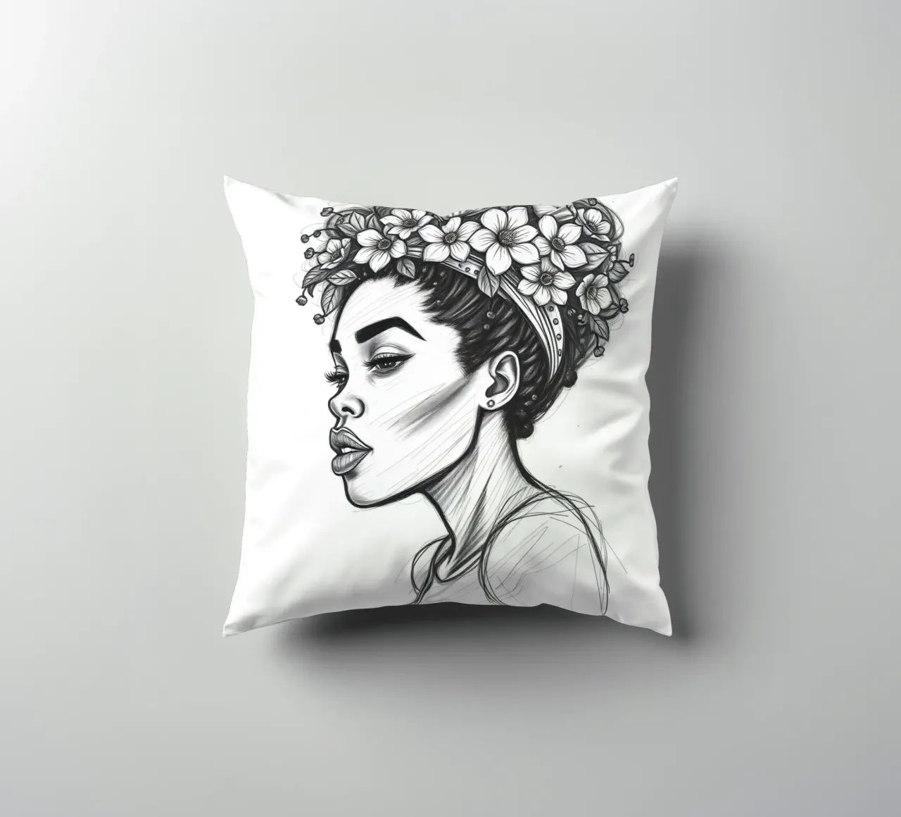 Donna di profilo con corona di fiori Schizzo in bianco e nero cuscino da DesignDoodle