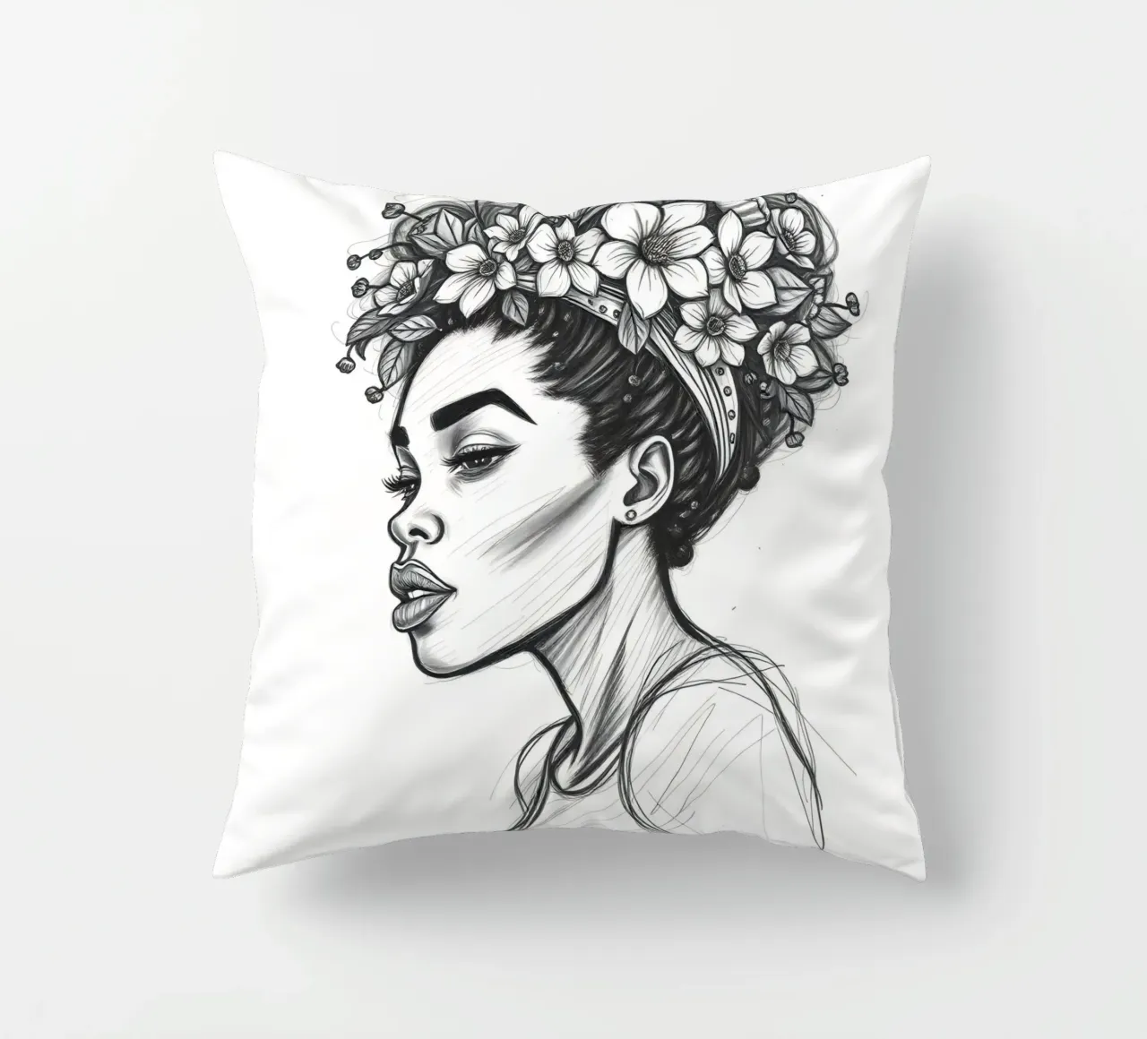 Donna di profilo con corona di fiori Schizzo in bianco e nero cuscino da DesignDoodle