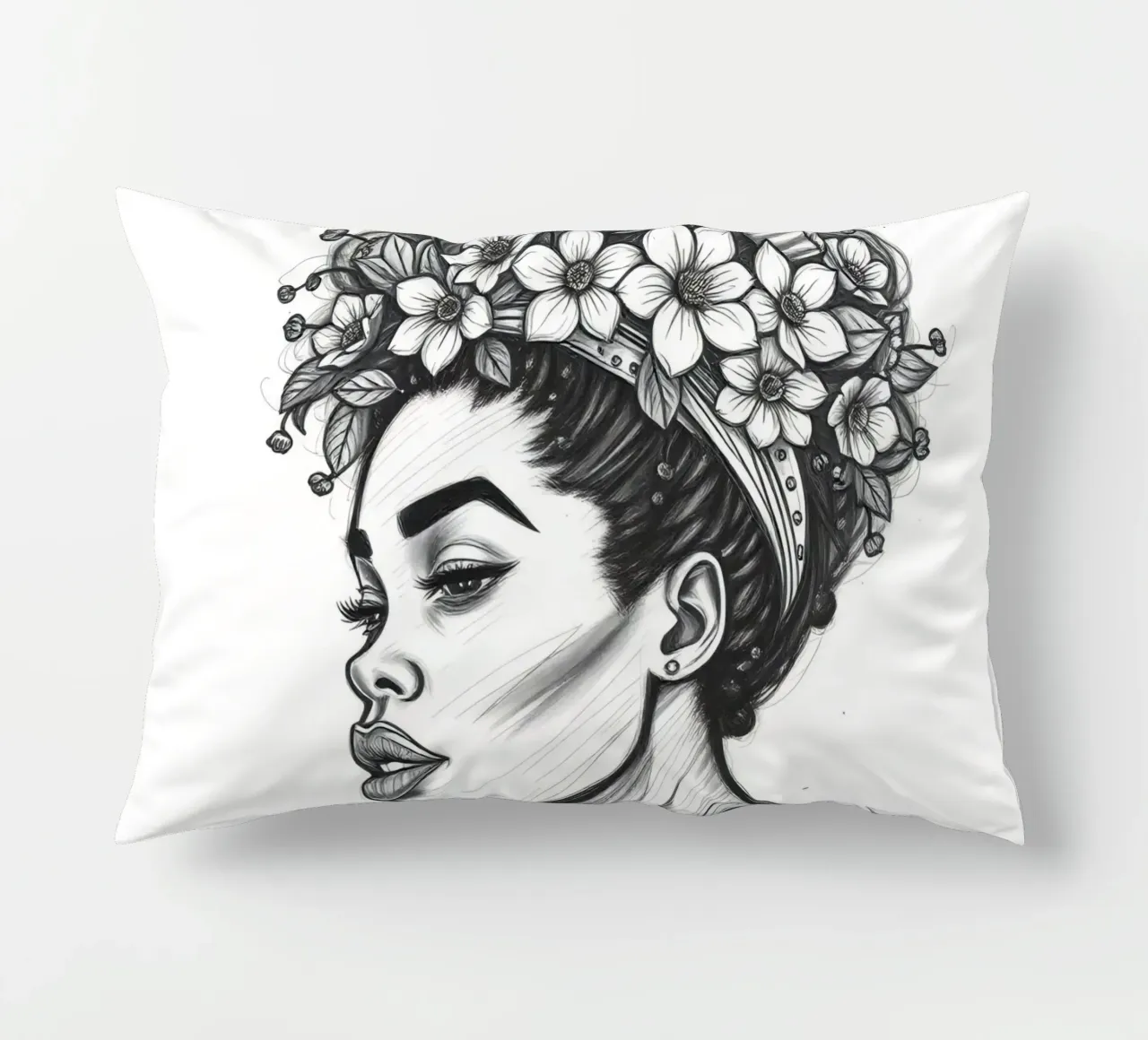 Donna di profilo con corona di fiori Schizzo in bianco e nero cuscino da DesignDoodle