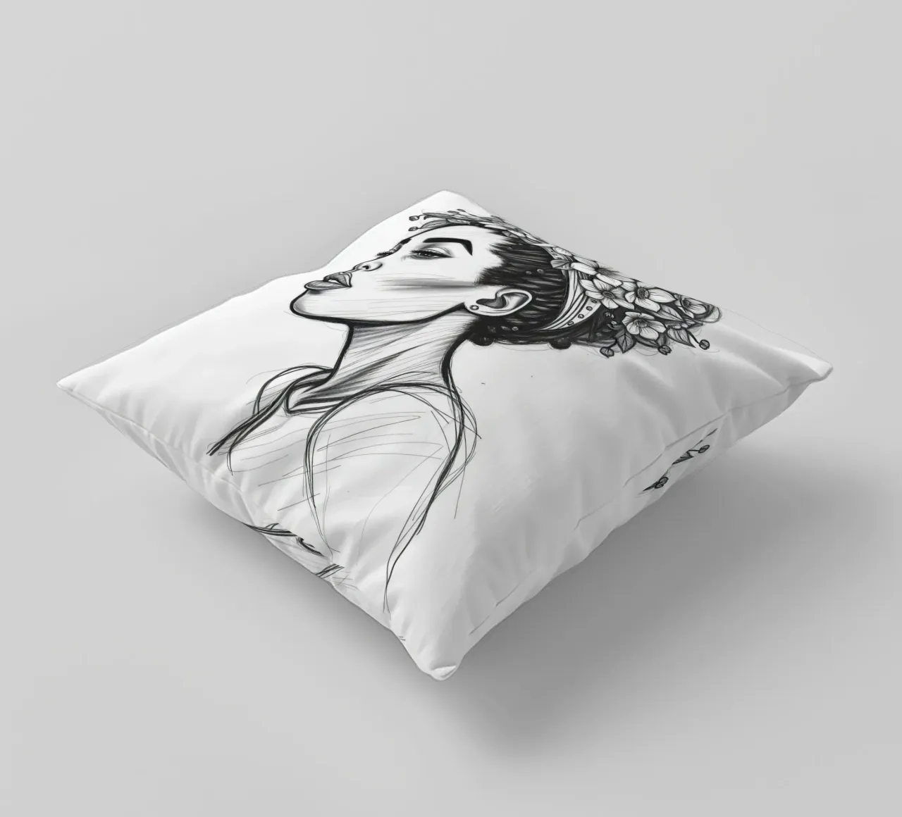 Donna di profilo con corona di fiori Schizzo in bianco e nero cuscino da DesignDoodle