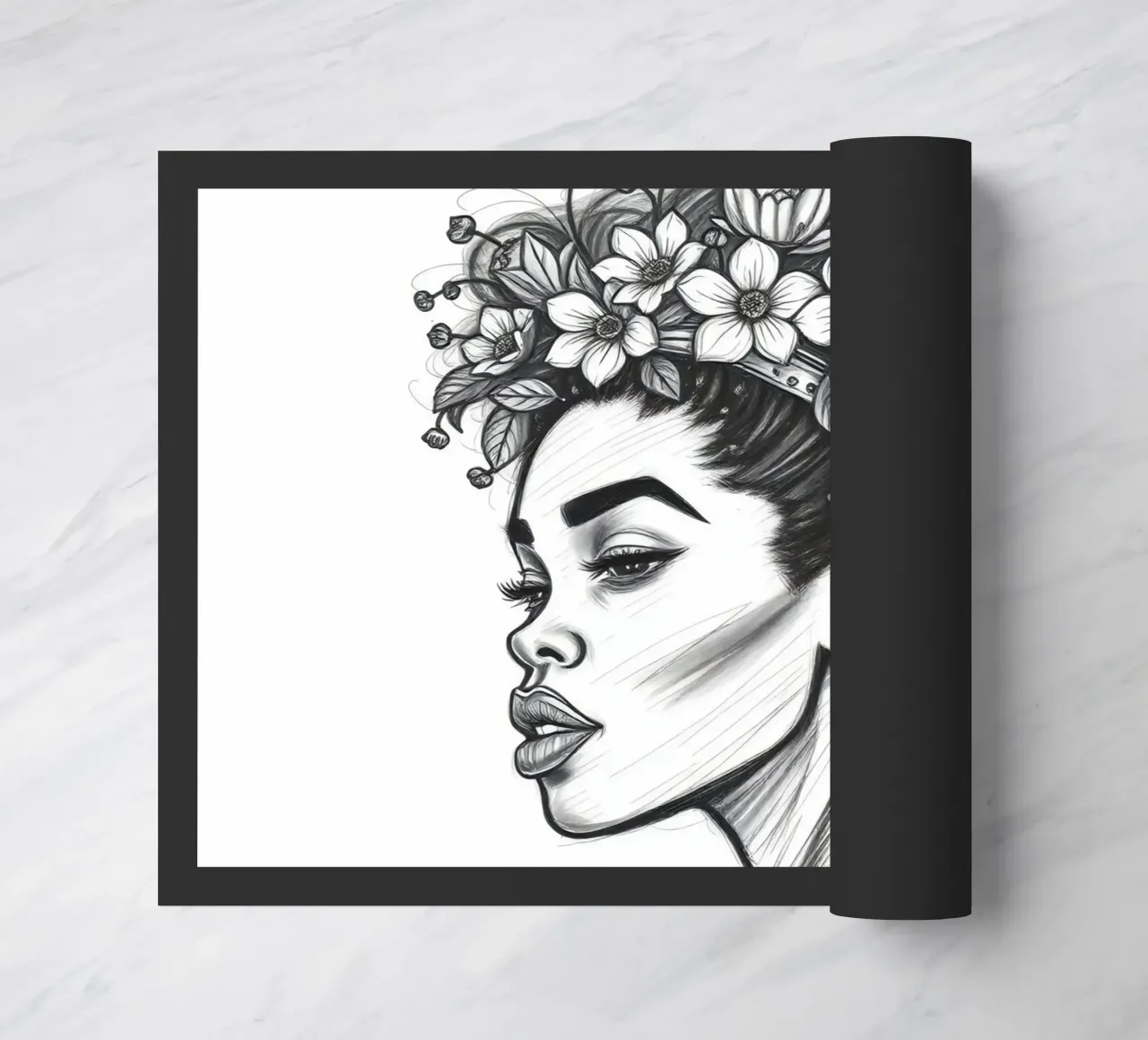 Donna di profilo con corona di fiori Schizzo in bianco e nero zerbino da DesignDoodle