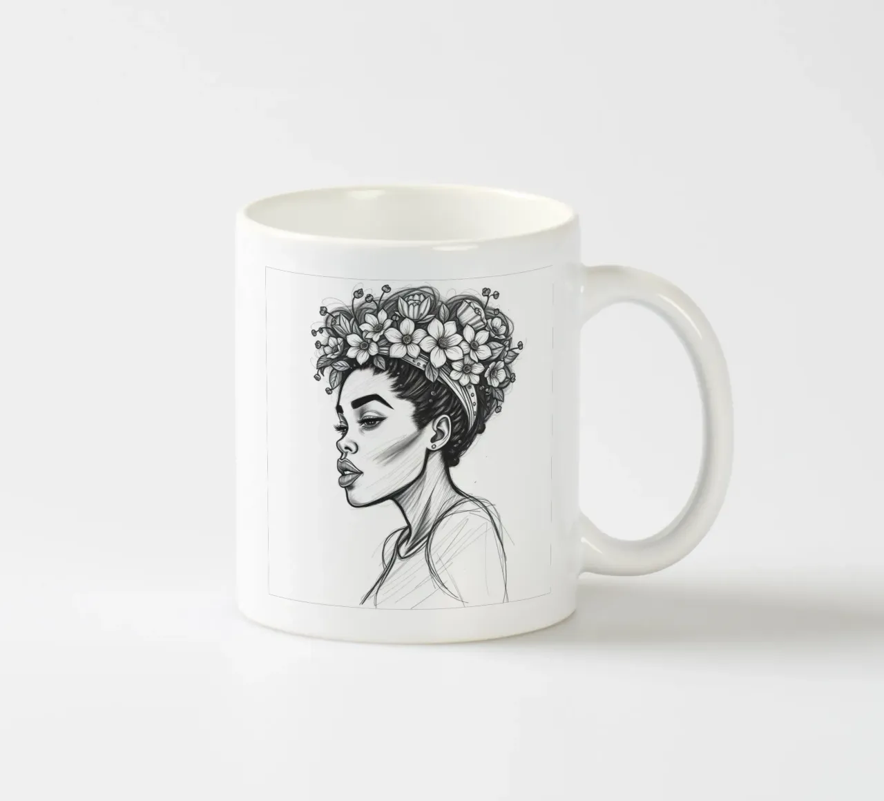Donna di profilo con corona di fiori Schizzo in bianco e nero tazza in ceramica da DesignDoodle