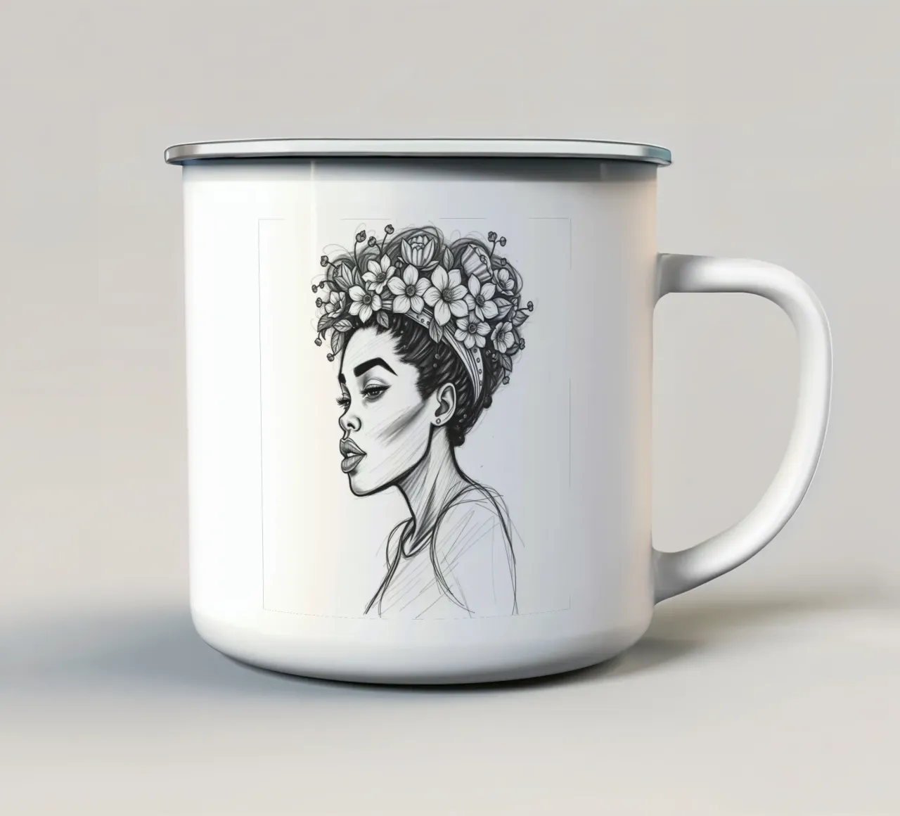 Donna di profilo con corona di fiori Schizzo in bianco e nero tazza in smalto da DesignDoodle