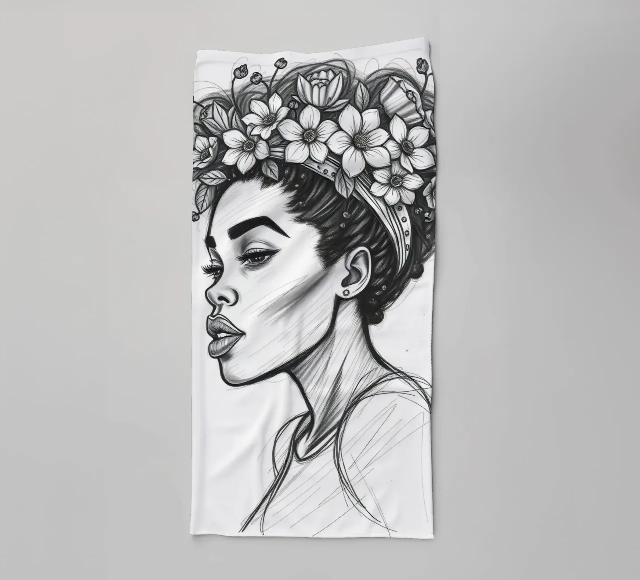 Donna di profilo con corona di fiori Schizzo in bianco e nero asciugamano da bagno da DesignDoodle