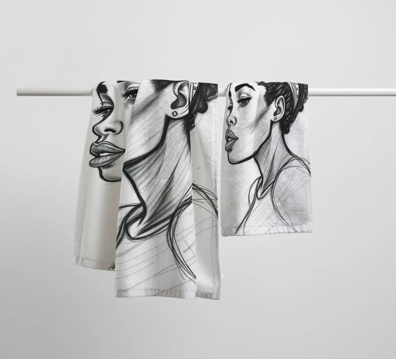 Donna di profilo con corona di fiori Schizzo in bianco e nero asciugamano da bagno da DesignDoodle