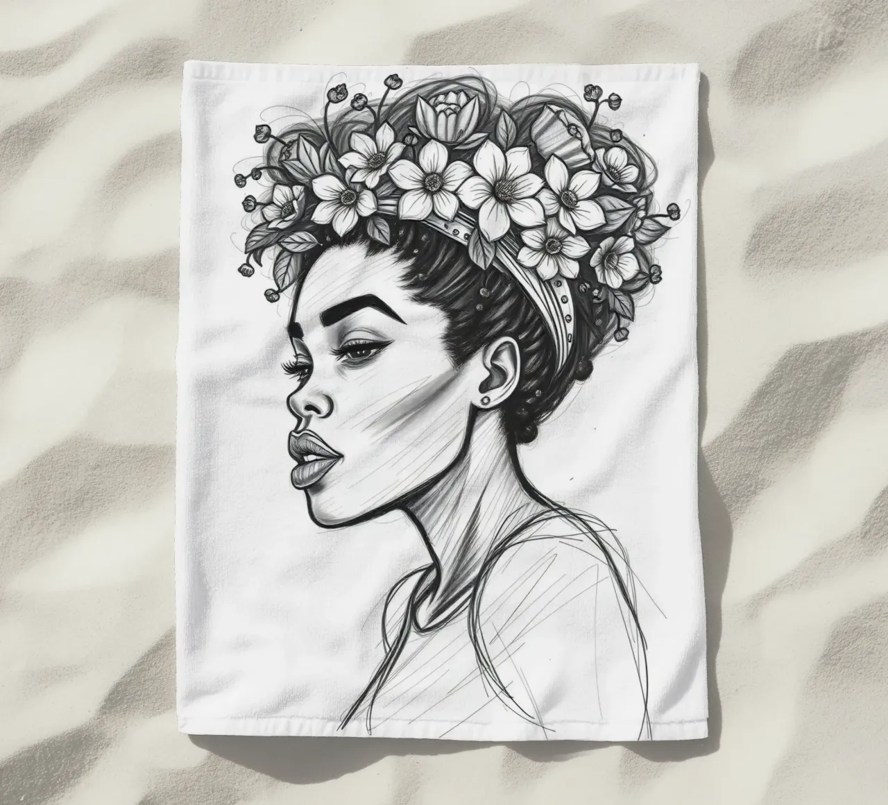 Donna di profilo con corona di fiori Schizzo in bianco e nero telo mare da DesignDoodle