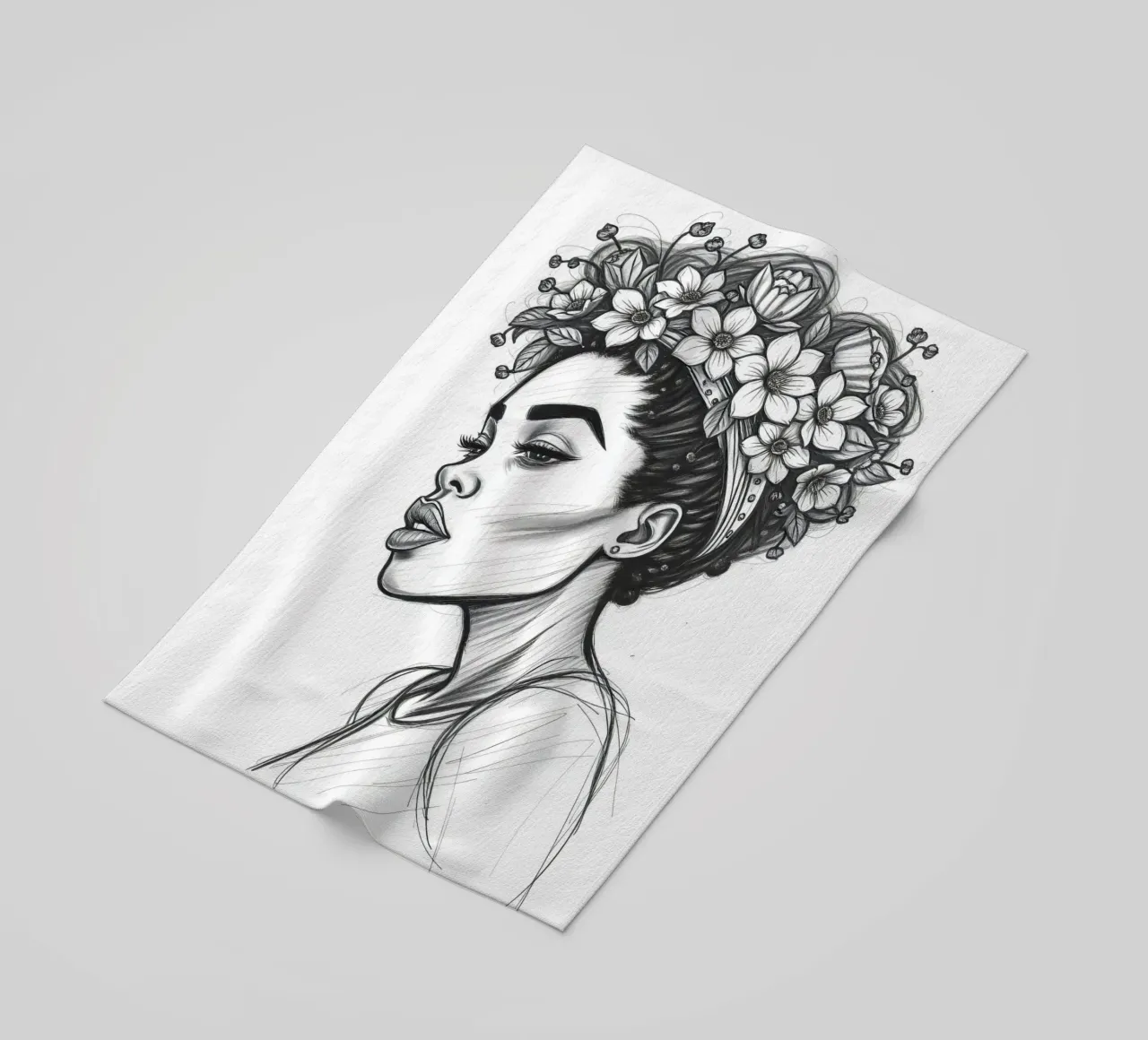 Donna di profilo con corona di fiori Schizzo in bianco e nero telo mare da DesignDoodle