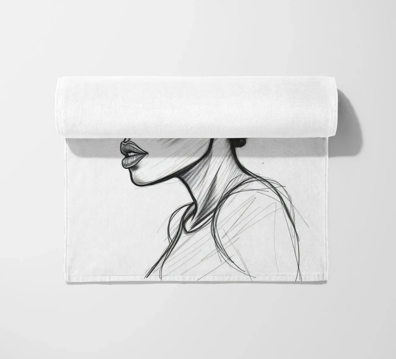 Donna di profilo con corona di fiori Schizzo in bianco e nero telo mare da DesignDoodle