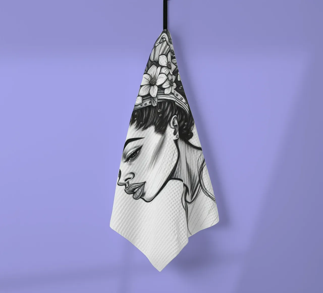Donna di profilo con corona di fiori Schizzo in bianco e nero canovaccio da cucina da DesignDoodle
