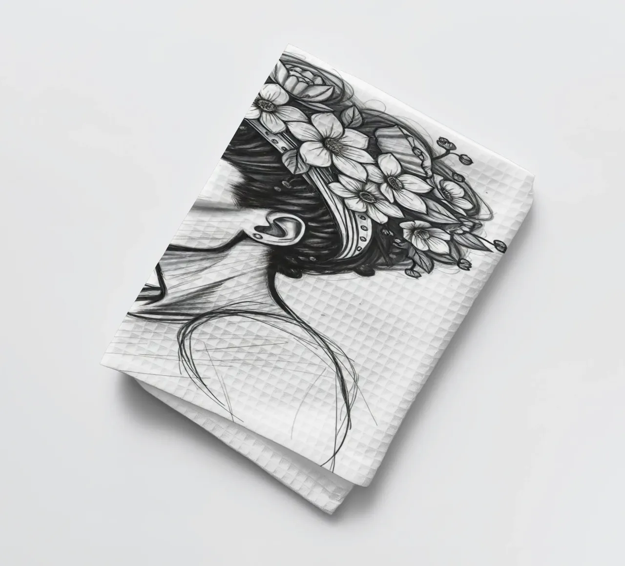 Donna di profilo con corona di fiori Schizzo in bianco e nero canovaccio da cucina da DesignDoodle