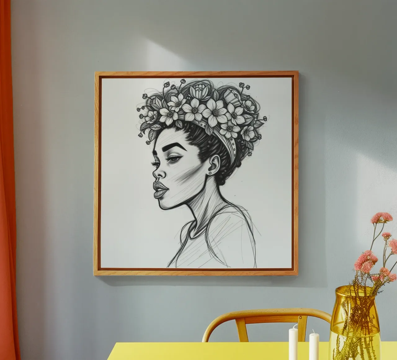 Donna di profilo con corona di fiori Schizzo in bianco e nero plexiglass da DesignDoodle