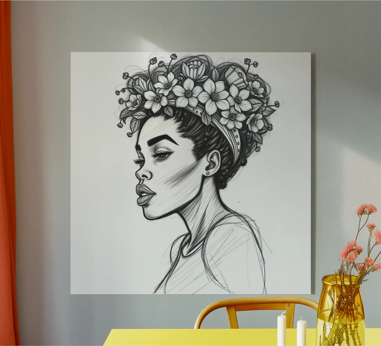 Donna di profilo con corona di fiori Schizzo in bianco e nero plexiglass da DesignDoodle