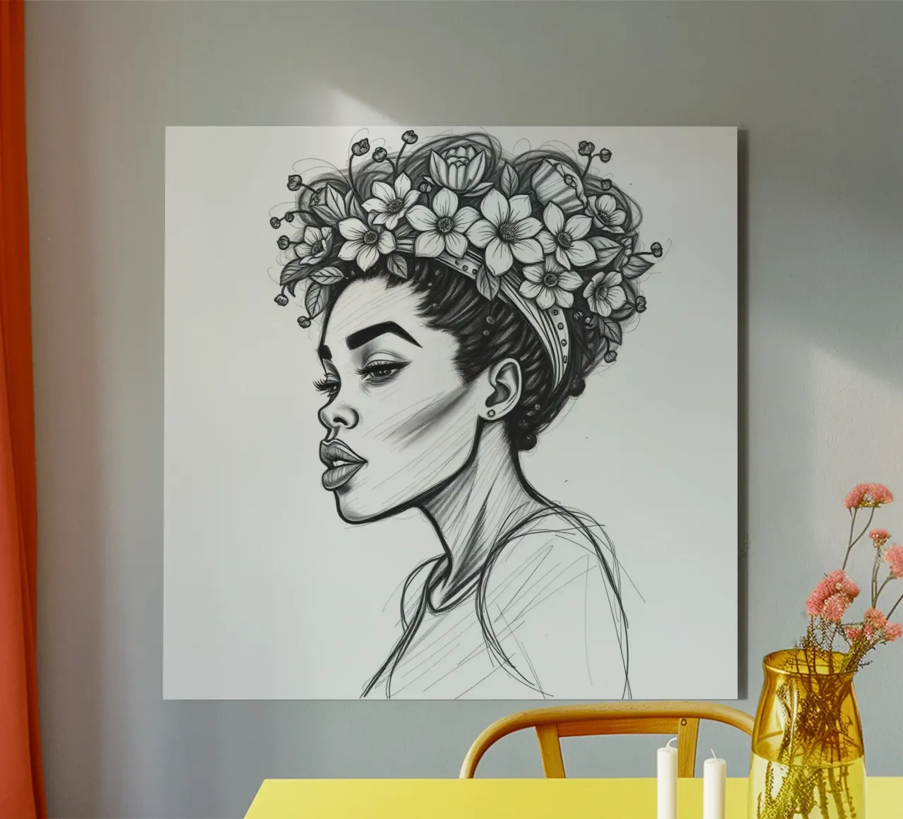 Donna di profilo con corona di fiori Schizzo in bianco e nero alluminio dibond da DesignDoodle