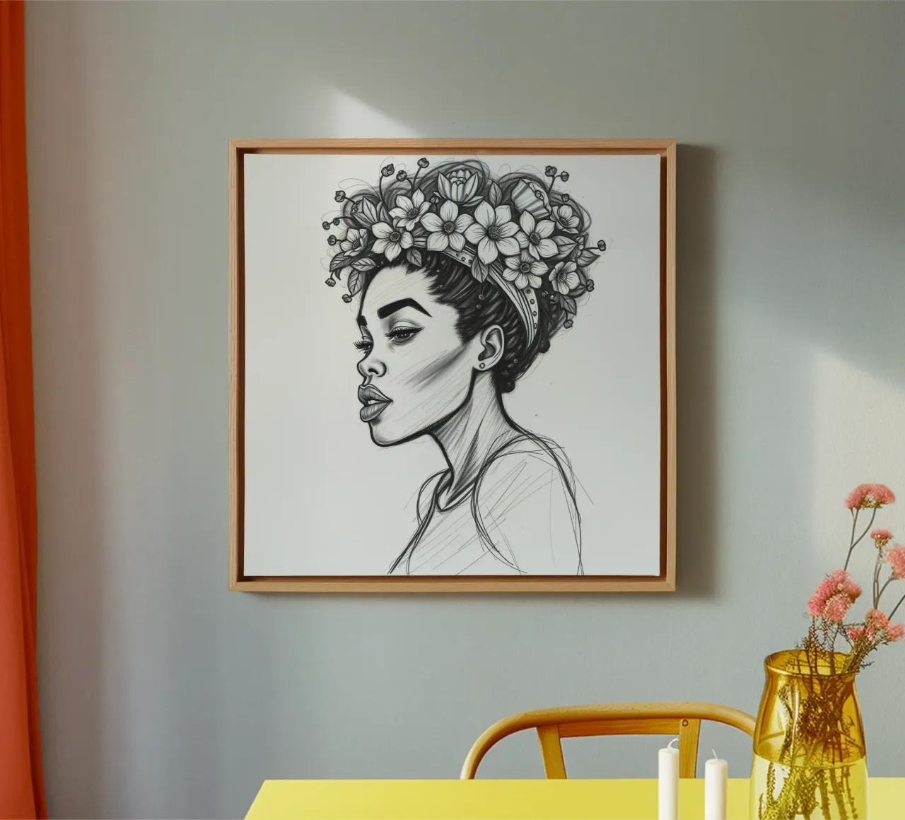 Donna di profilo con corona di fiori Schizzo in bianco e nero tela con Cornice a cassetta da DesignDoodle