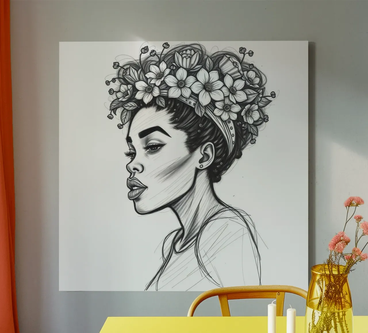 Donna di profilo con corona di fiori Schizzo in bianco e nero tela con Cornice a cassetta da DesignDoodle