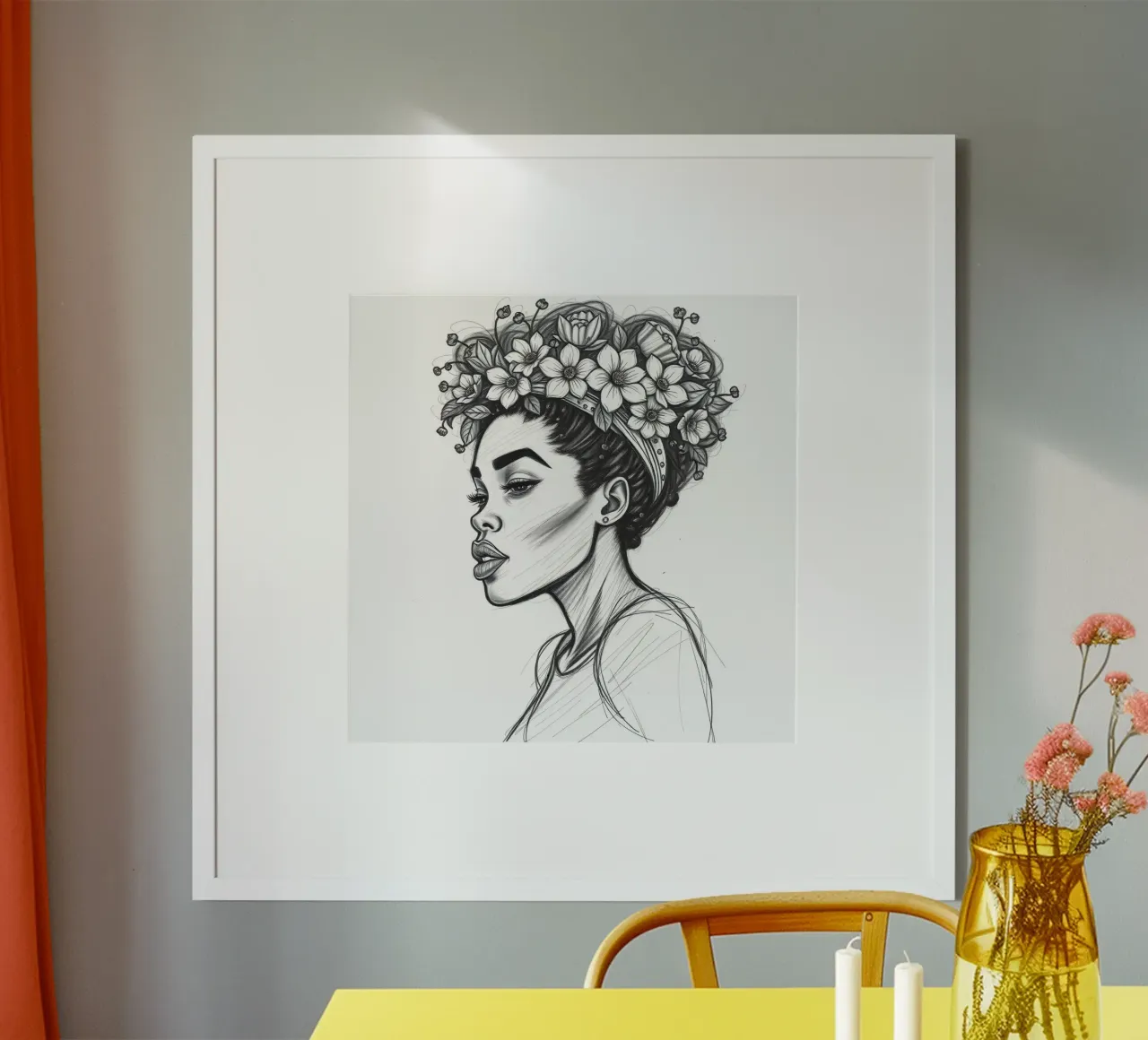 Donna di profilo con corona di fiori Schizzo in bianco e nero poster con telaio in plastica da DesignDoodle