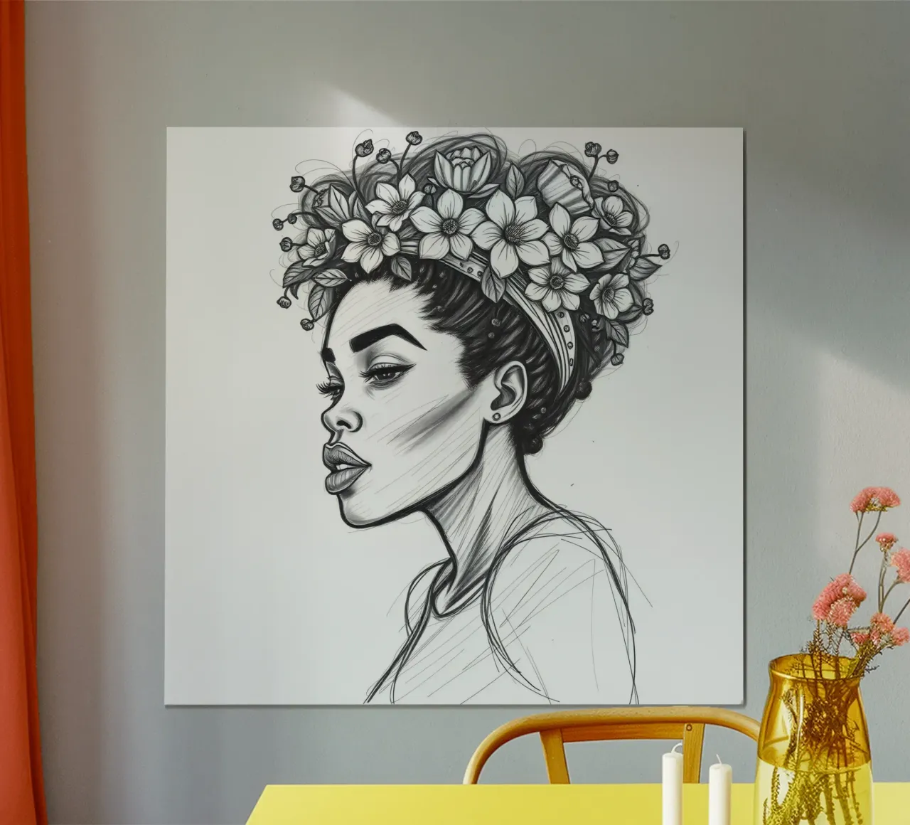 Donna di profilo con corona di fiori Schizzo in bianco e nero poster con telaio in plastica da DesignDoodle