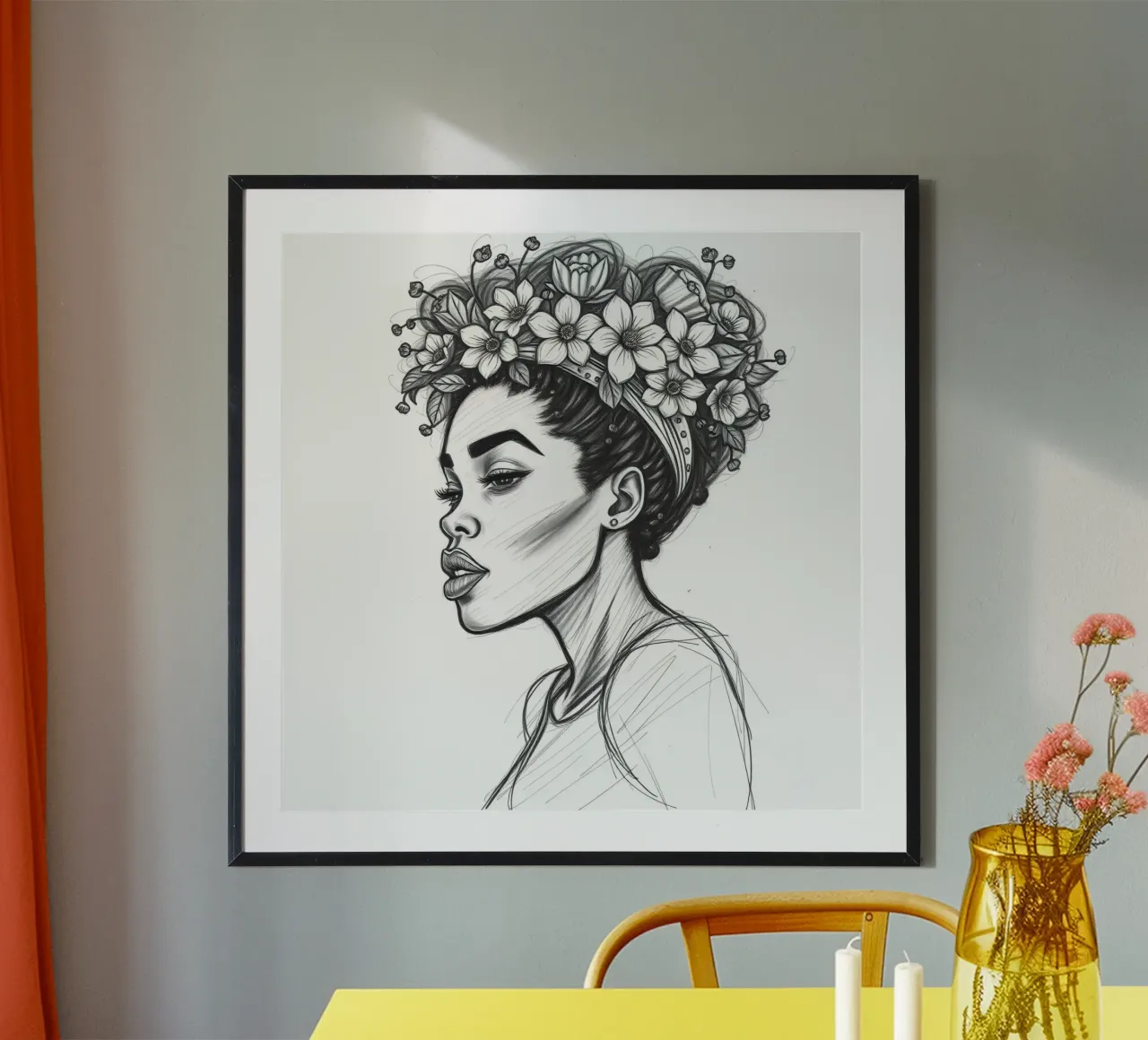 Donna di profilo con corona di fiori Schizzo in bianco e nero poster con telaio in plastica da DesignDoodle