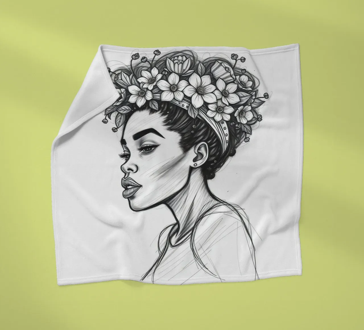 Donna di profilo con corona di fiori Schizzo in bianco e nero coperta in pile da DesignDoodle