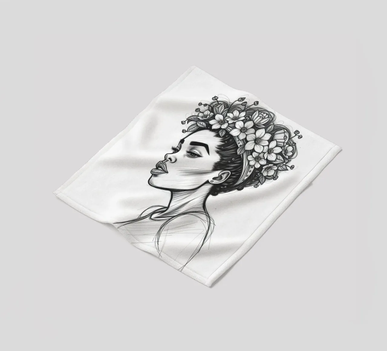 Donna di profilo con corona di fiori Schizzo in bianco e nero coperta in pile da DesignDoodle