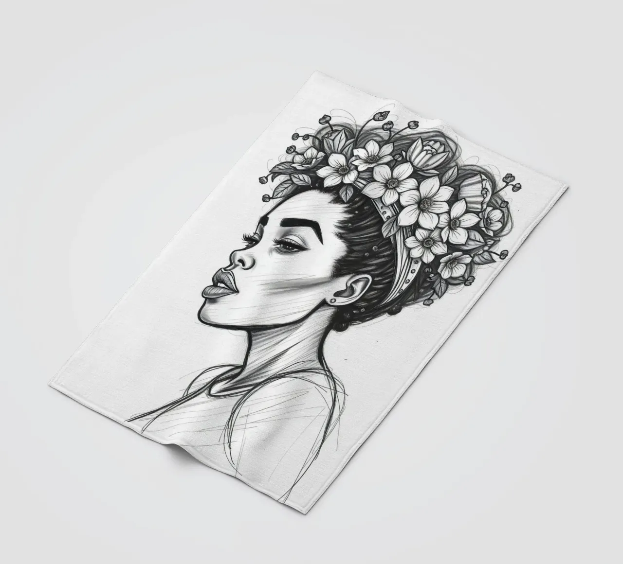 Donna di profilo con corona di fiori Schizzo in bianco e nero coperta in pile da DesignDoodle