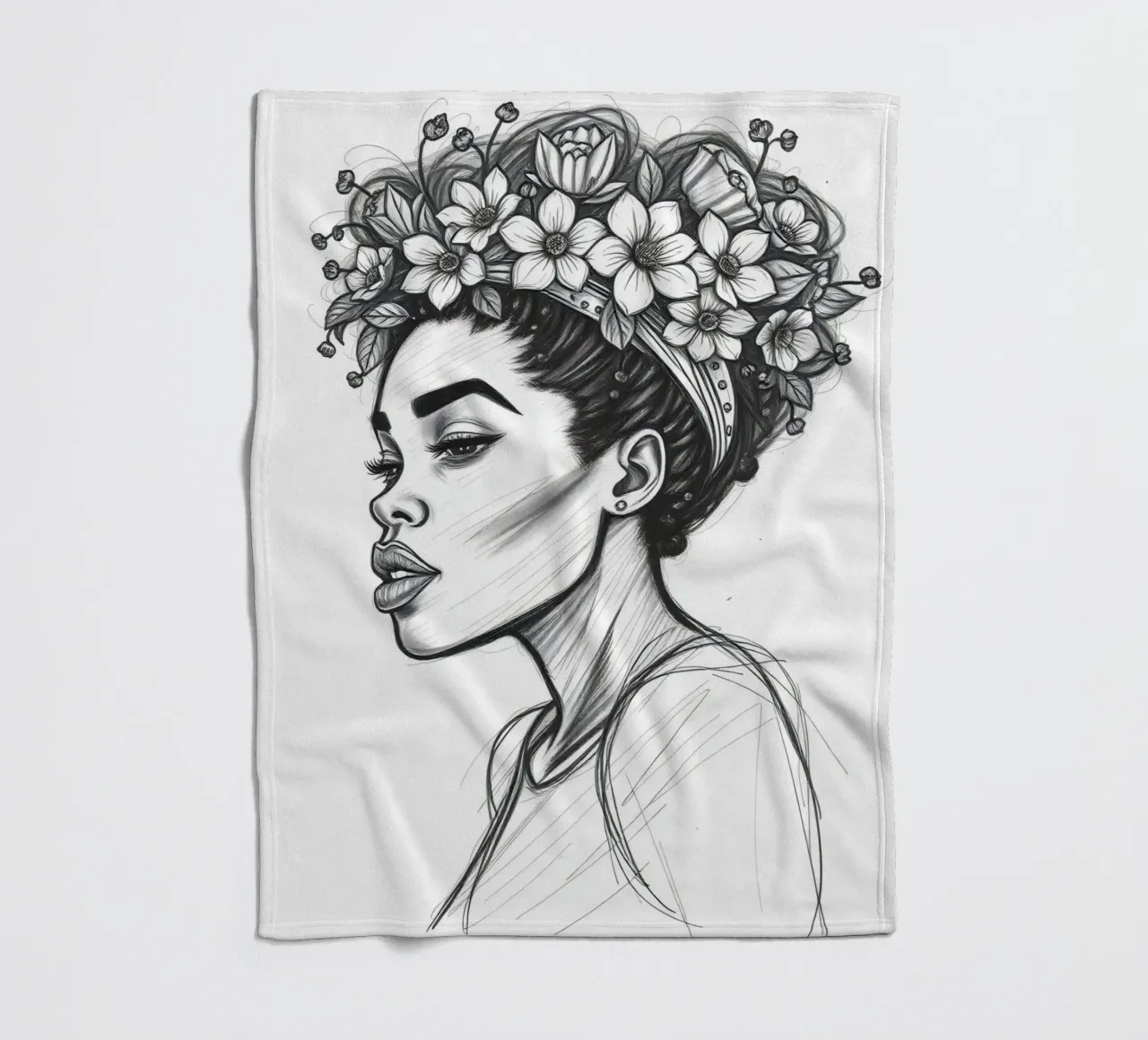 Donna di profilo con corona di fiori Schizzo in bianco e nero coperta in pile da DesignDoodle