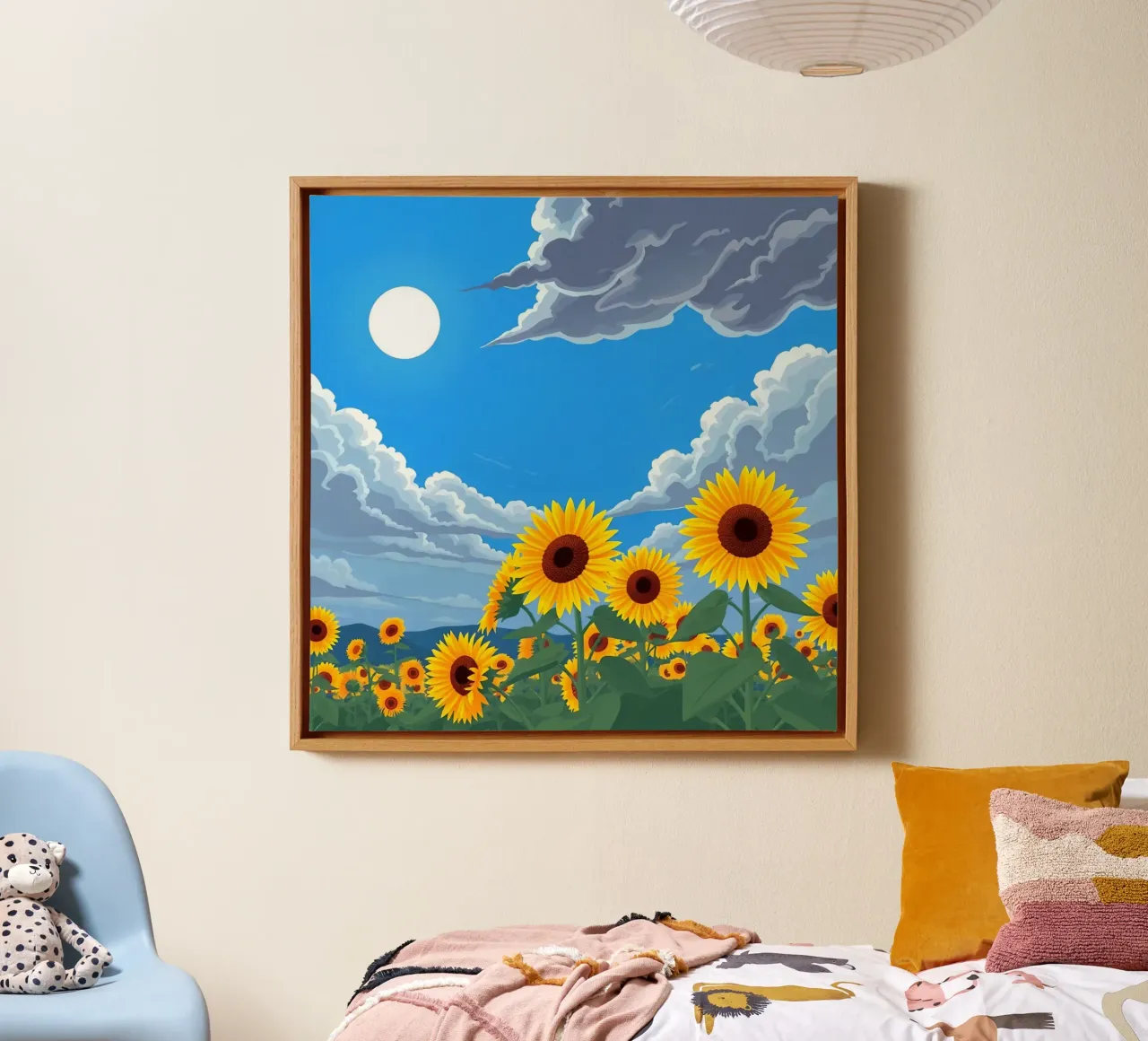 Sunflower Field Under Cloudy Blue Sky with Sun canvas with Floater frame by DesignDoodle