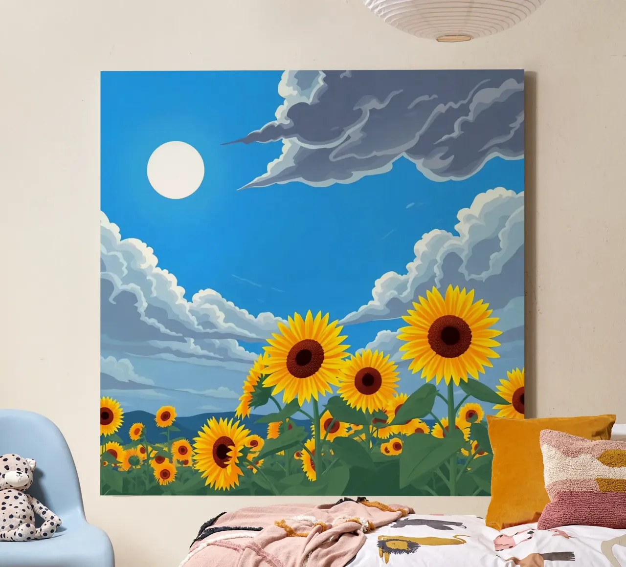Sunflower Field Under Cloudy Blue Sky with Sun canvas with Floater frame by DesignDoodle