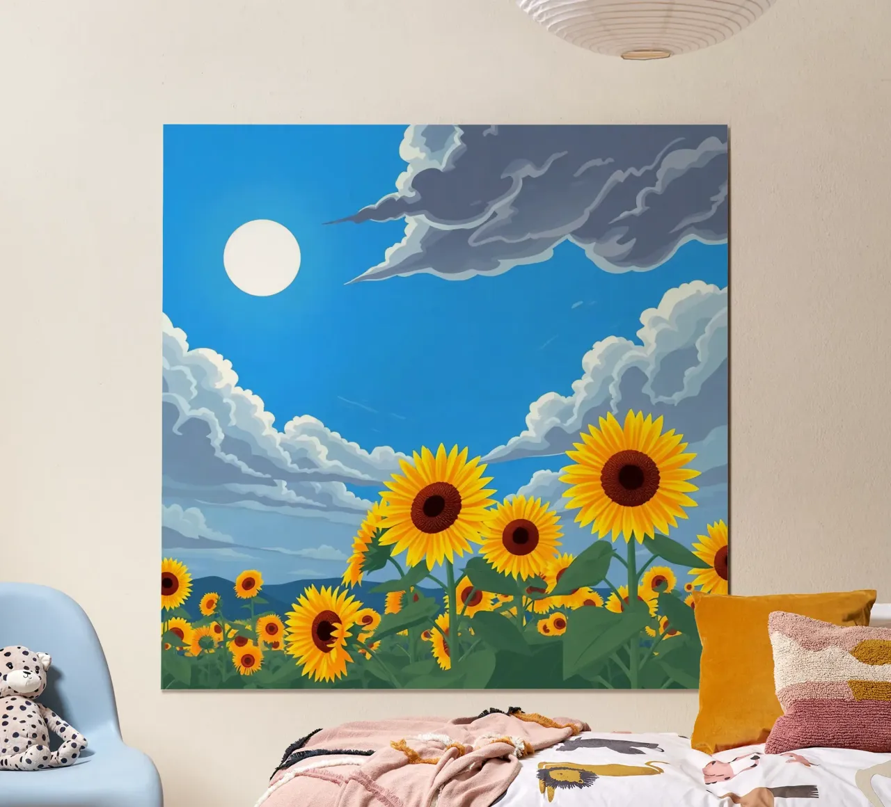 Sunflower Field Under Cloudy Blue Sky with Sun poster by DesignDoodle