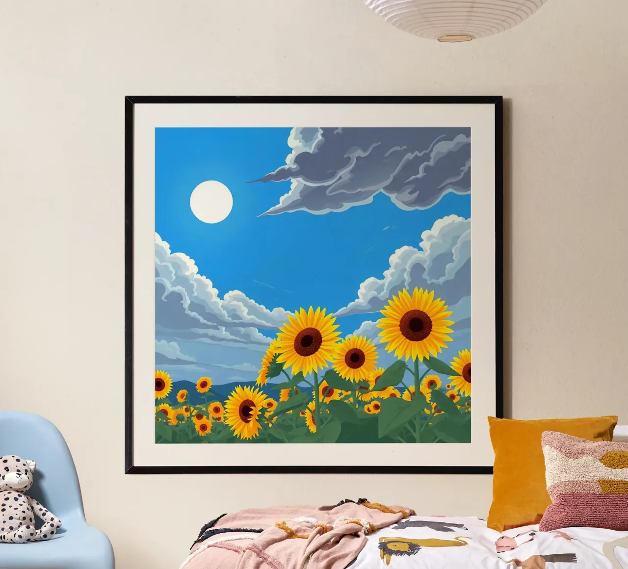 Sunflower Field Under Cloudy Blue Sky with Sun poster by DesignDoodle