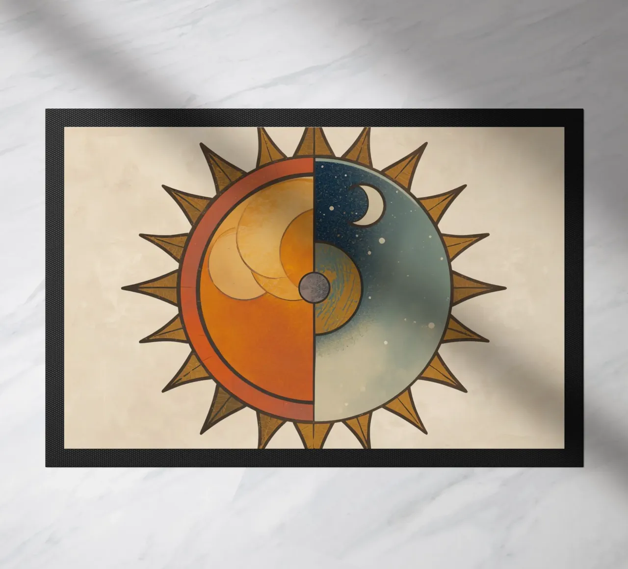Sole stilizzato con metà giorno e metà notte Design circolare zerbino da DesignDoodle
