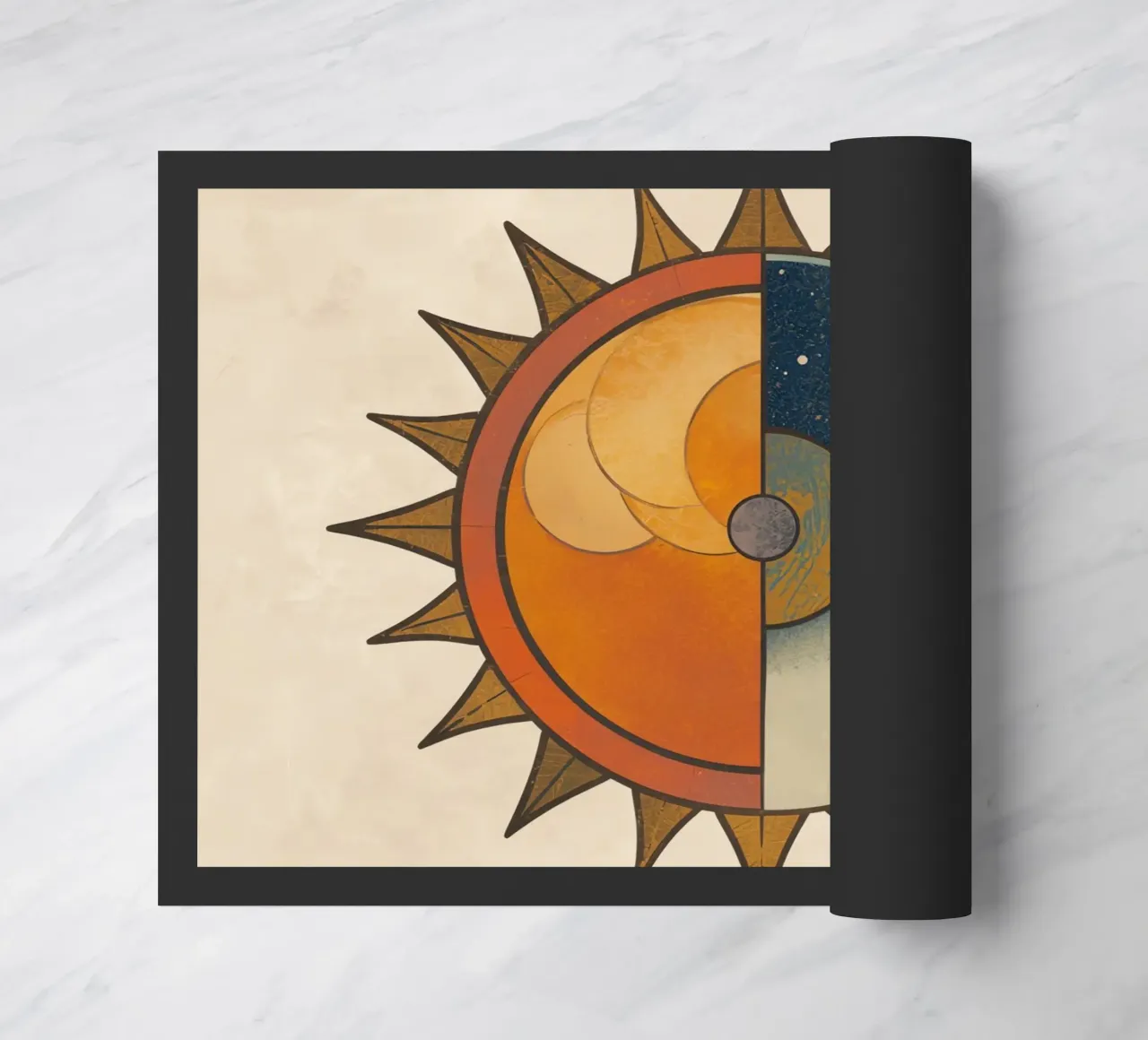Sole stilizzato con metà giorno e metà notte Design circolare zerbino da DesignDoodle