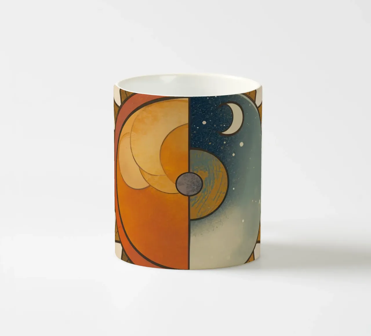 Sole stilizzato con metà giorno e metà notte Design circolare tazza in ceramica da DesignDoodle
