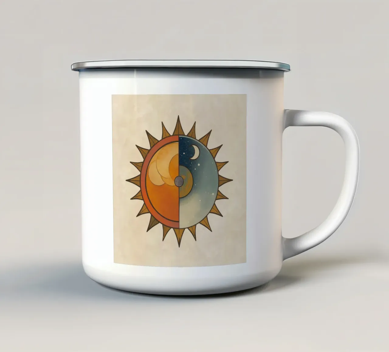 Sole stilizzato con metà giorno e metà notte Design circolare tazza in smalto da DesignDoodle