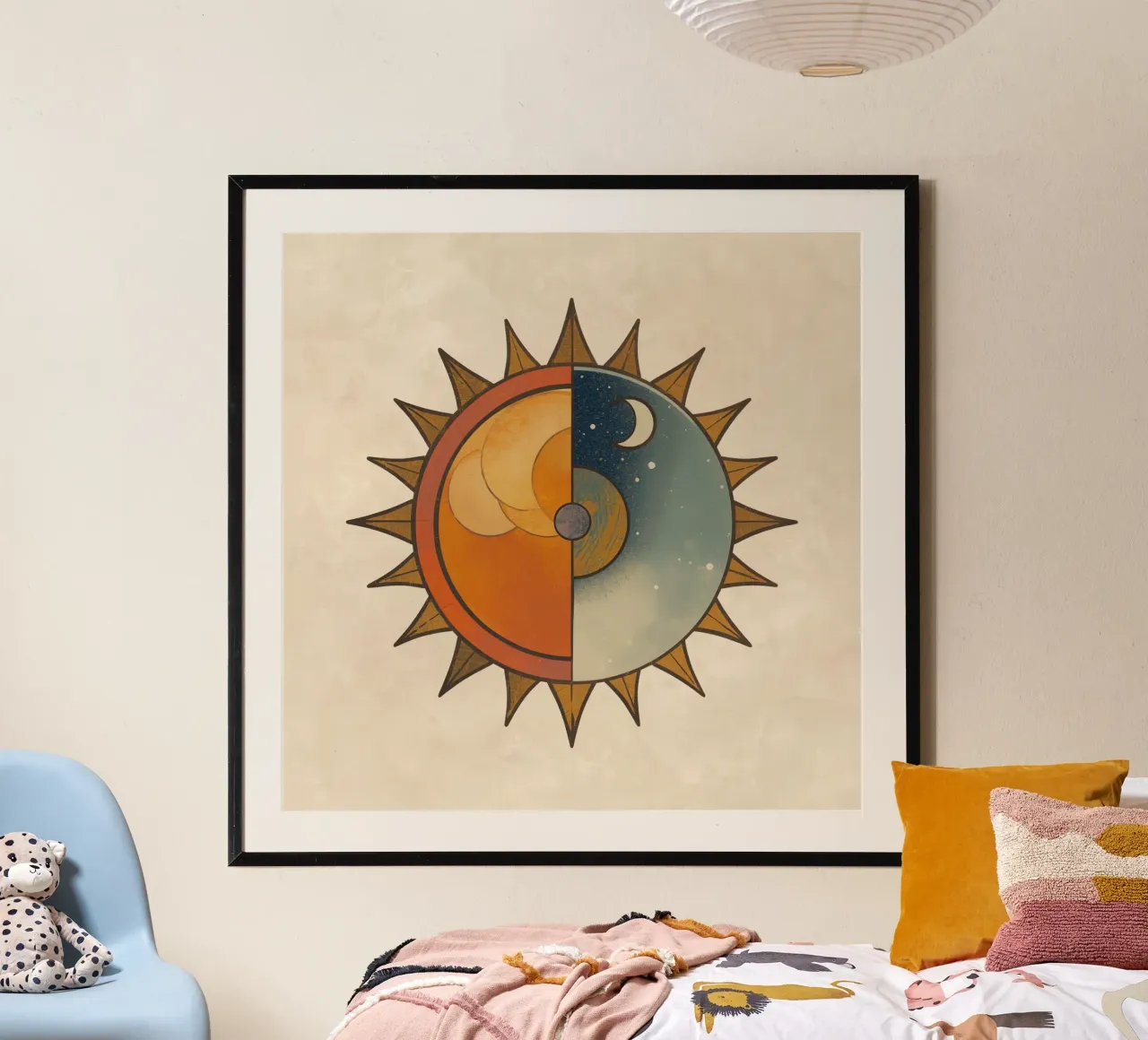 Sole stilizzato con metà giorno e metà notte Design circolare poster da DesignDoodle