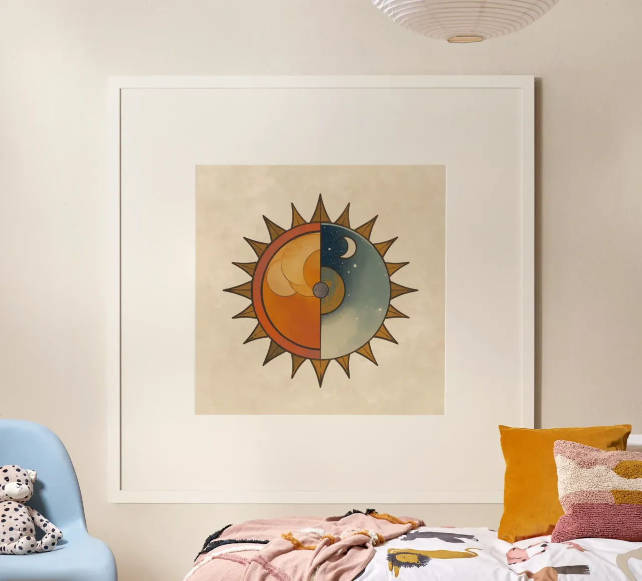Sole stilizzato con metà giorno e metà notte Design circolare poster da DesignDoodle