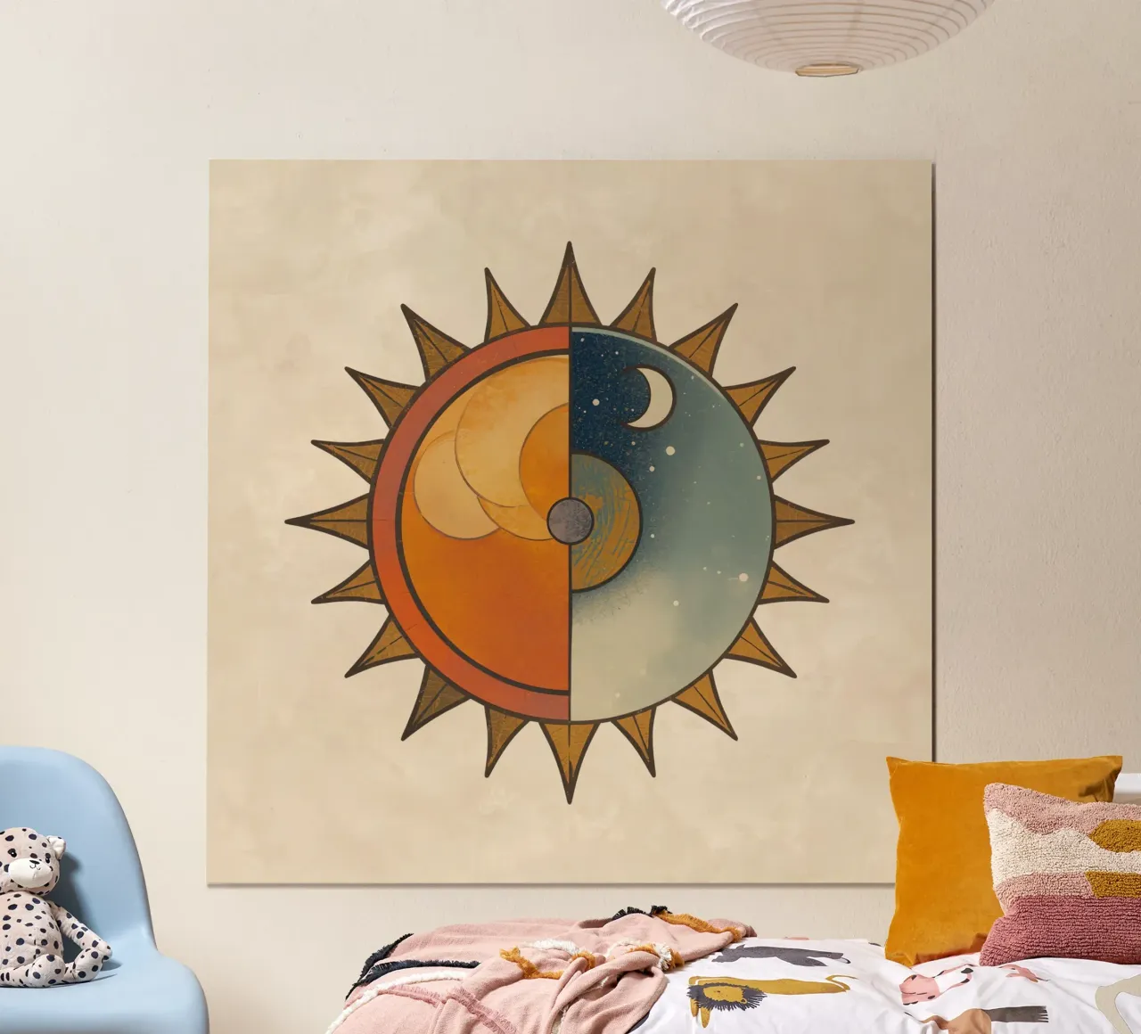 Sole stilizzato con metà giorno e metà notte Design circolare poster da DesignDoodle