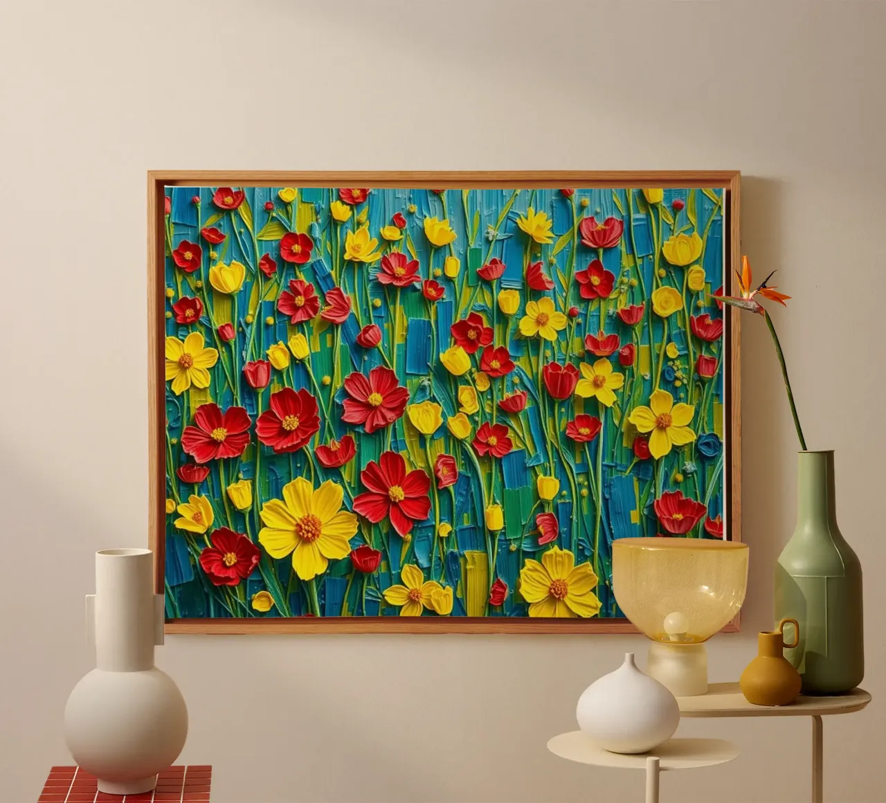 Levendige weide-serenade: Een gestructureerde symfonie canvas met Baklijst van Artistic-shop