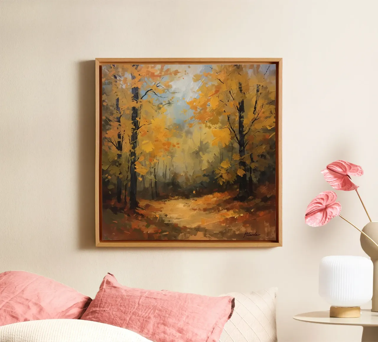 Painting of Autumn Forest with Yellow Trees and Path canvas with Floater frame by DesignDoodle