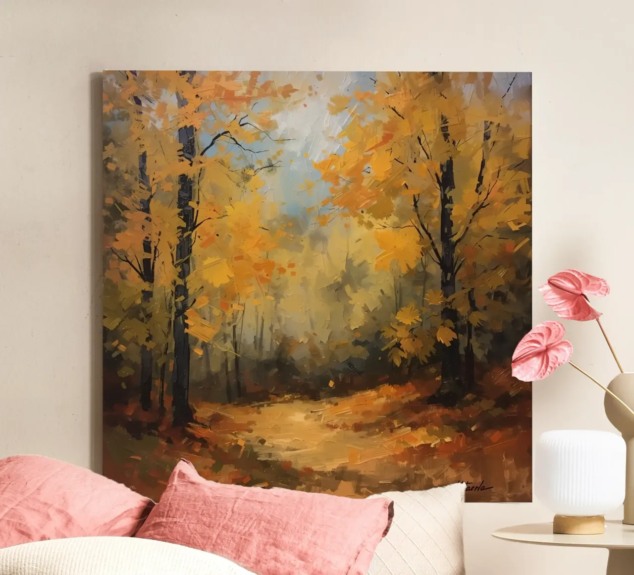 Painting of Autumn Forest with Yellow Trees and Path canvas with Floater frame by DesignDoodle