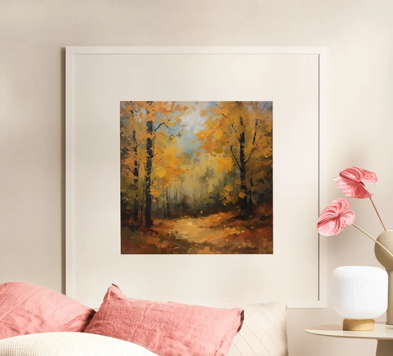 Painting of Autumn Forest with Yellow Trees and Path poster with wooden frame by DesignDoodle